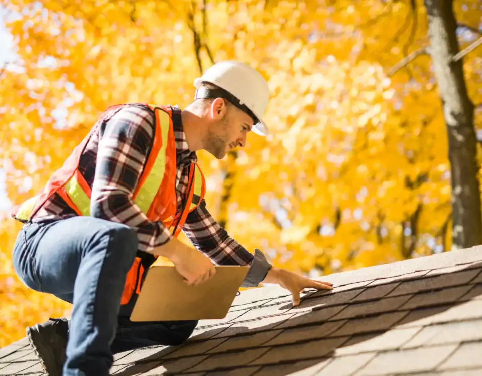 A construction worker in a hard hat and safety vest inspects a roof, clipboard in hand. Vibrant autumn trees fill the background—an example of expert home remodeling in Union County, NJ.