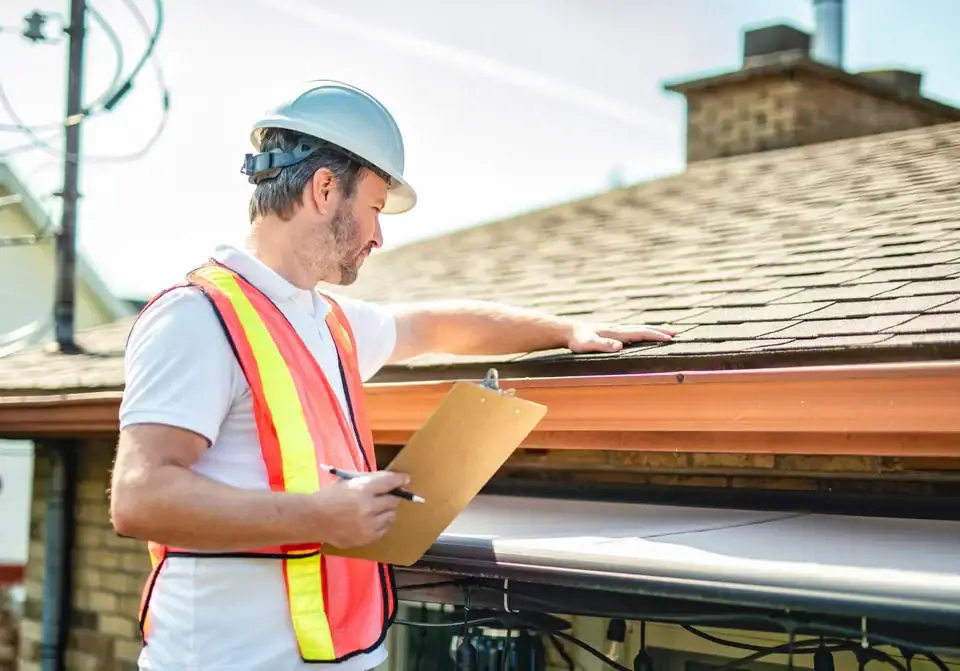 A man wearing a hard hat and reflective safety vest inspects the shingles on a residential roof while holding a clipboard and pen.