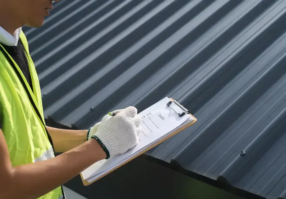 A person wearing a yellow safety vest and white gloves holds a pen and clipboard, inspecting and taking notes near a dark corrugated metal roof—representing professional Roofing Services in Union County, NJ.
