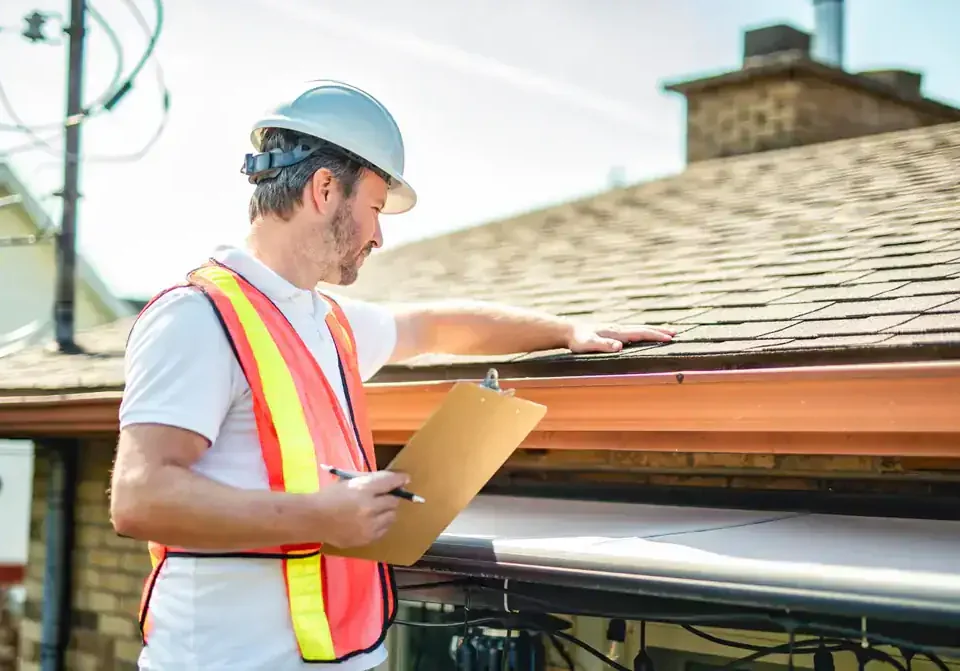 A construction worker wearing a hard hat and safety vest inspects a house roof while holding a clipboard, standing next to the gutter on a sunny day—typical of Roofing Services Union County, NJ.